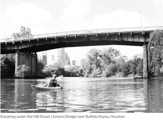 Kayaking under the Hill Street (Jensen) Bridge over Buffalo Bayou, Houston